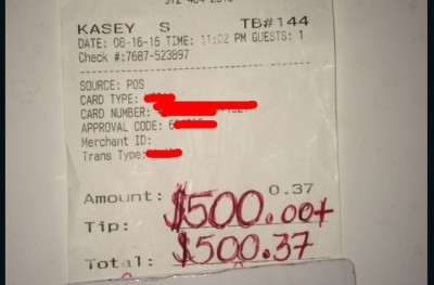 ބައި ޑޮލަރު ނާރާ ބިލަކަށް 500 ޑޮލަރުގެ ޓިޕެއް