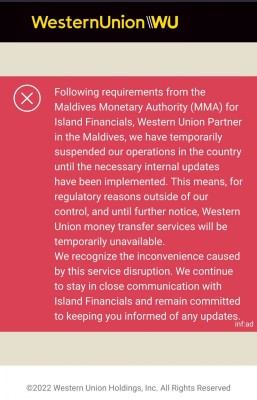 ލައިސަންސް ހިފެހެއްޓުމުން ވެސްޓަން ޔުނިއަން މަނީ ޓްރާންސްފާގެ ހިދުމަތް ހުއްޓިއްޖެ