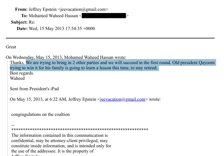 ޖެފްރީ އެޕްސްޓީން އަށް ޑރ. ވަހީދު ފޮނުއްވި އީމެއިލް އެއްގެ ސްކްރީން އިމޭޖް.